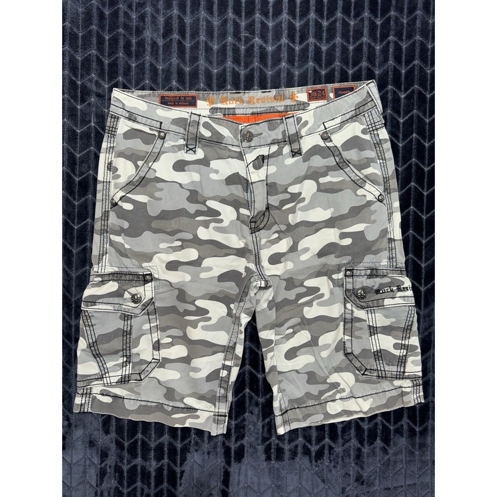 Rock Revival Men's Classic Cargo Shorts Gray & White Camo Embroidered Sz 36
